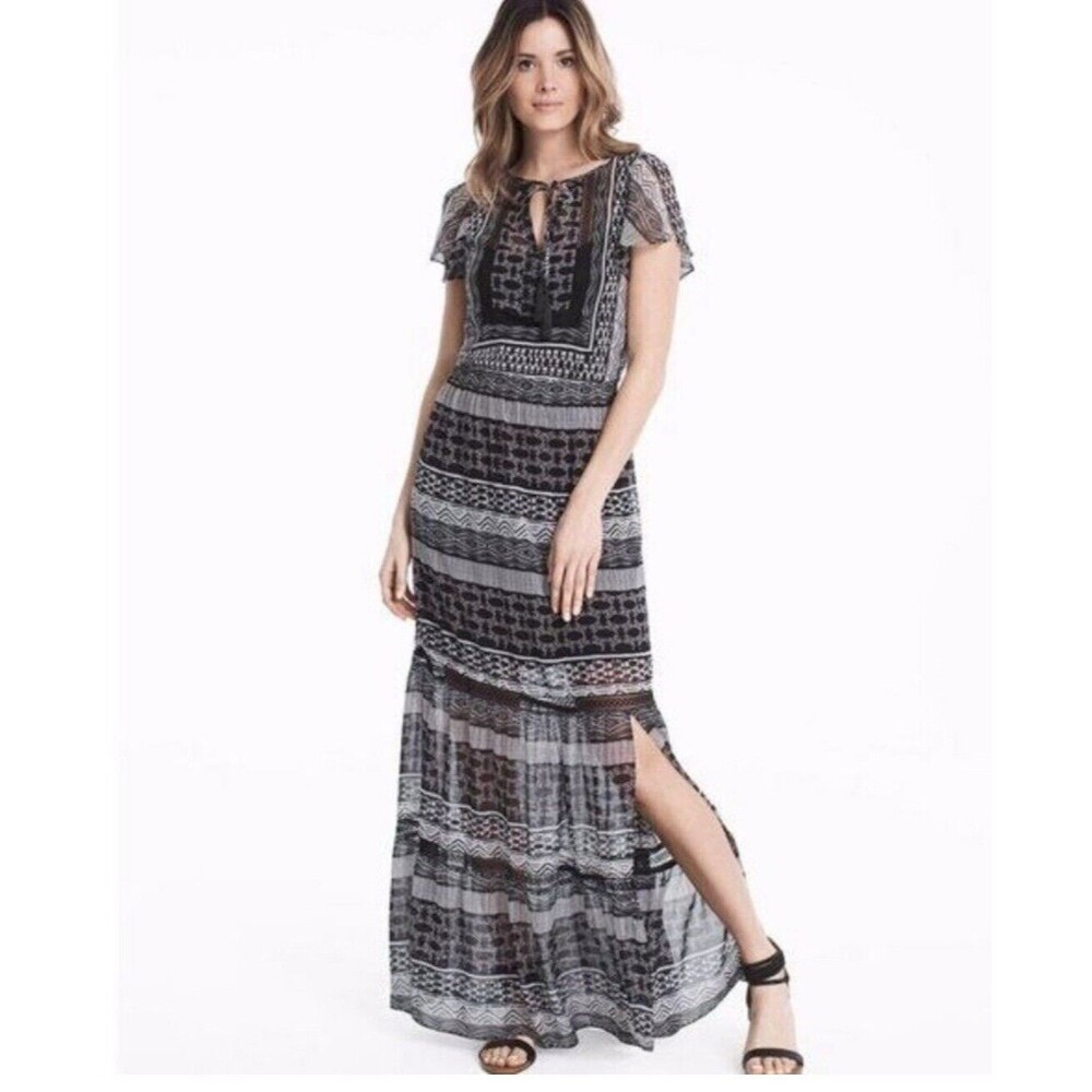 White House Black Market Women Flutter-Sleeve Maxi‎ Dress Size S High Slit Long